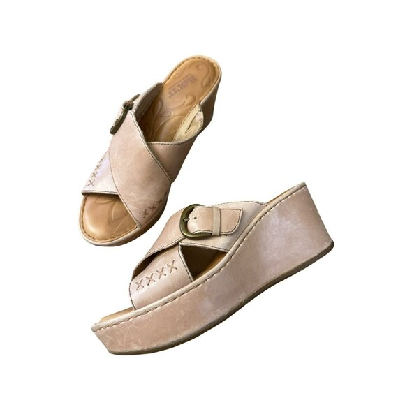 Born Shoes - Born Womens Curstyn Wedge Sandals Sz 7 Platform Tan Leather Slides Shoes D89602